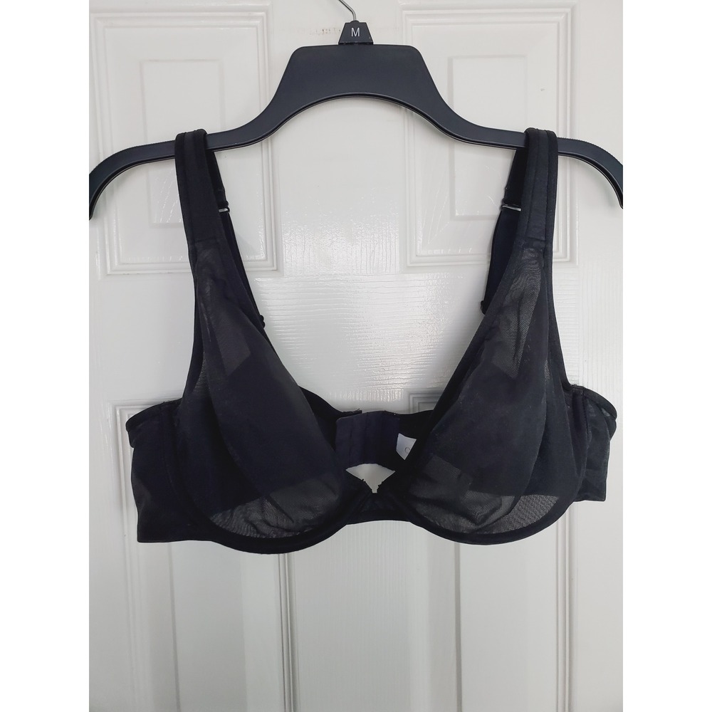 Cacique Unlined Plunge Bra Sexy Black Sheer Mesh Underwire Adjustable Straps 40D